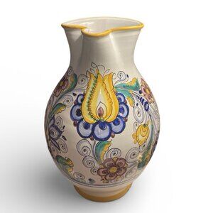 Vintage Slovakia Modra Pottery Pitcher Hand Painted Floral-“V” - Carving In Clay